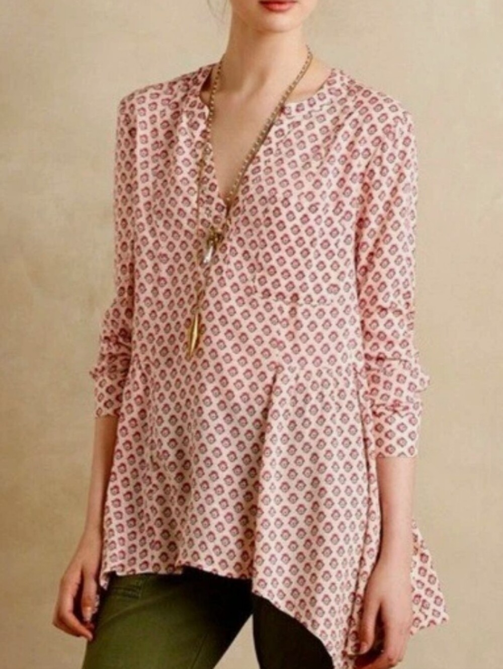 Anthro Maeve Laiken Henley Motif Tunic Top In Cream, Pink